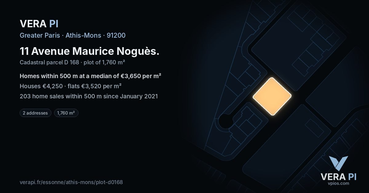 11 Avenue Maurice Noguès, Athis-Mons at night – the plot lit, the parcels around coloured by the prices near them