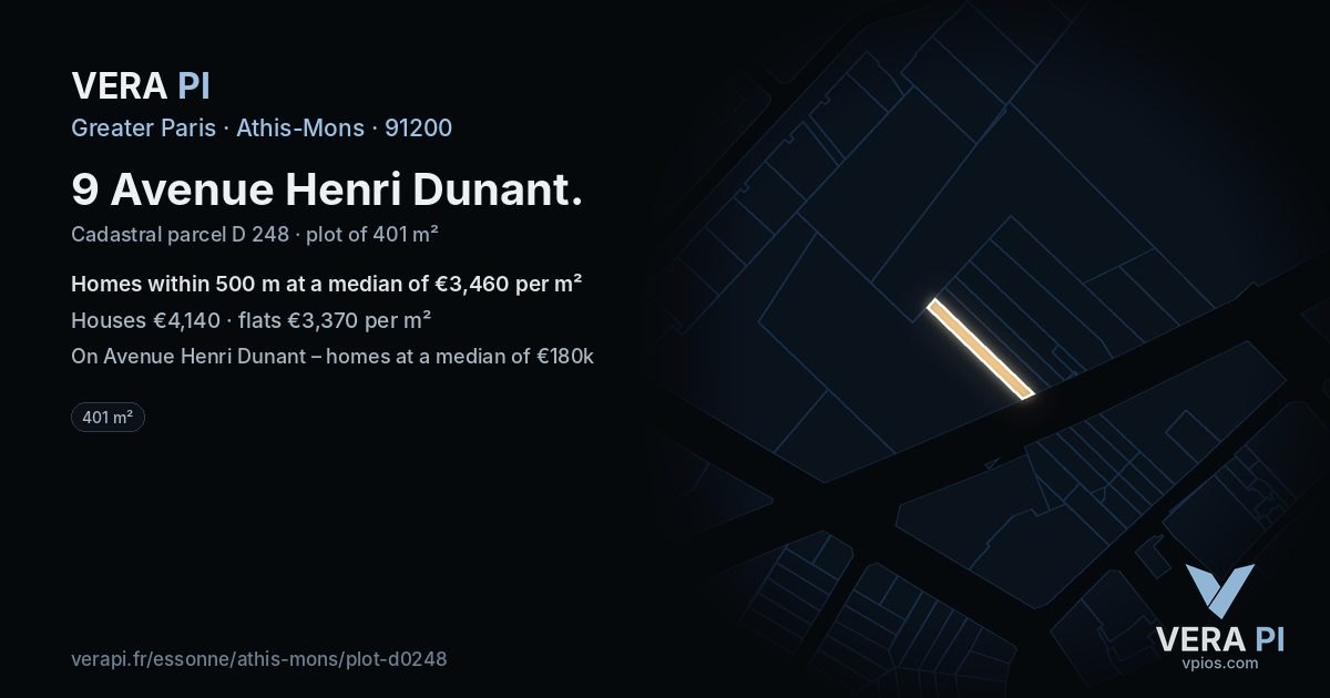 9 Avenue Henri Dunant, Athis-Mons at night – the plot lit, the parcels around coloured by the prices near them
