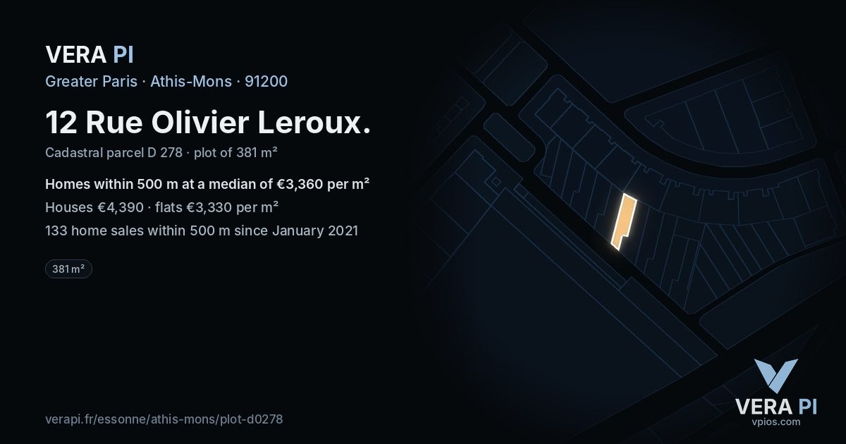 12 Rue Olivier Leroux, Athis-Mons at night – the plot lit, the parcels around coloured by the prices near them