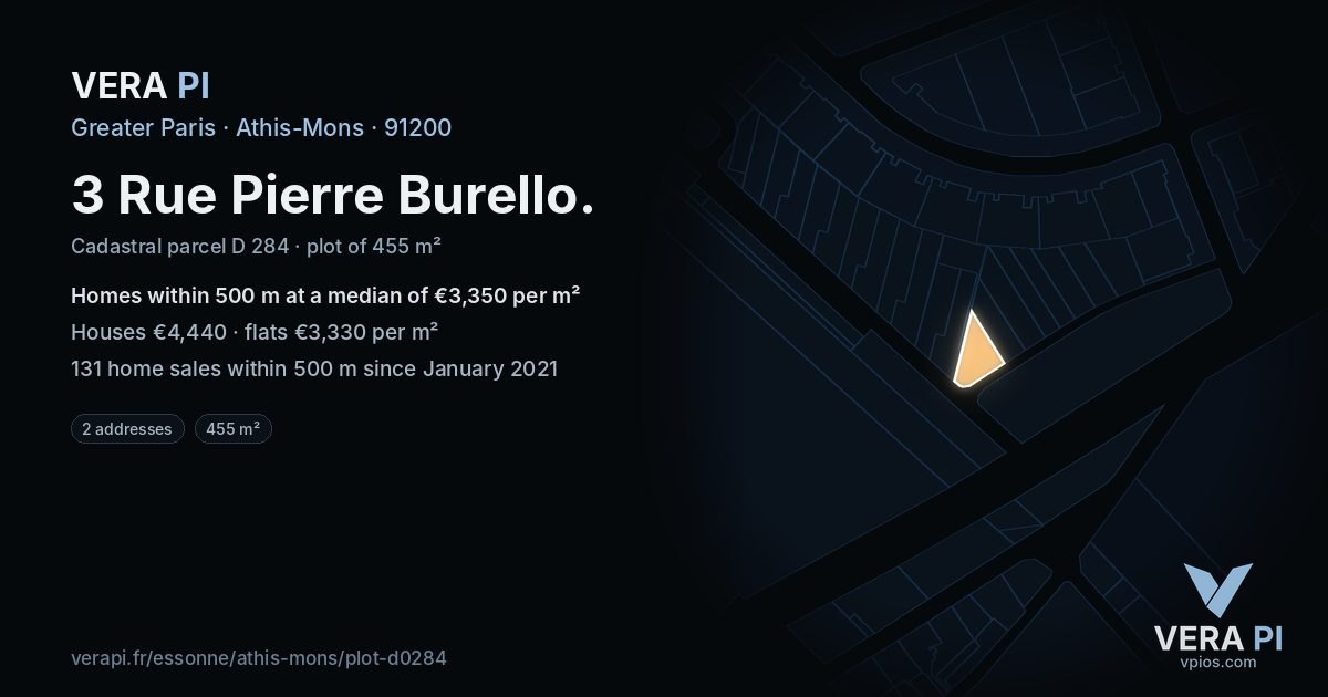 3 Rue Pierre Burello, Athis-Mons at night – the plot lit, the parcels around coloured by the prices near them