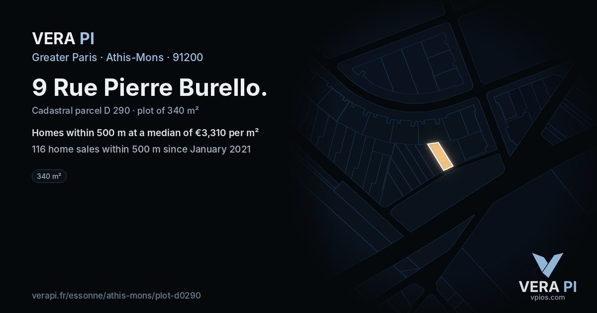 9 Rue Pierre Burello, Athis-Mons at night – the plot lit, the parcels around coloured by the prices near them
