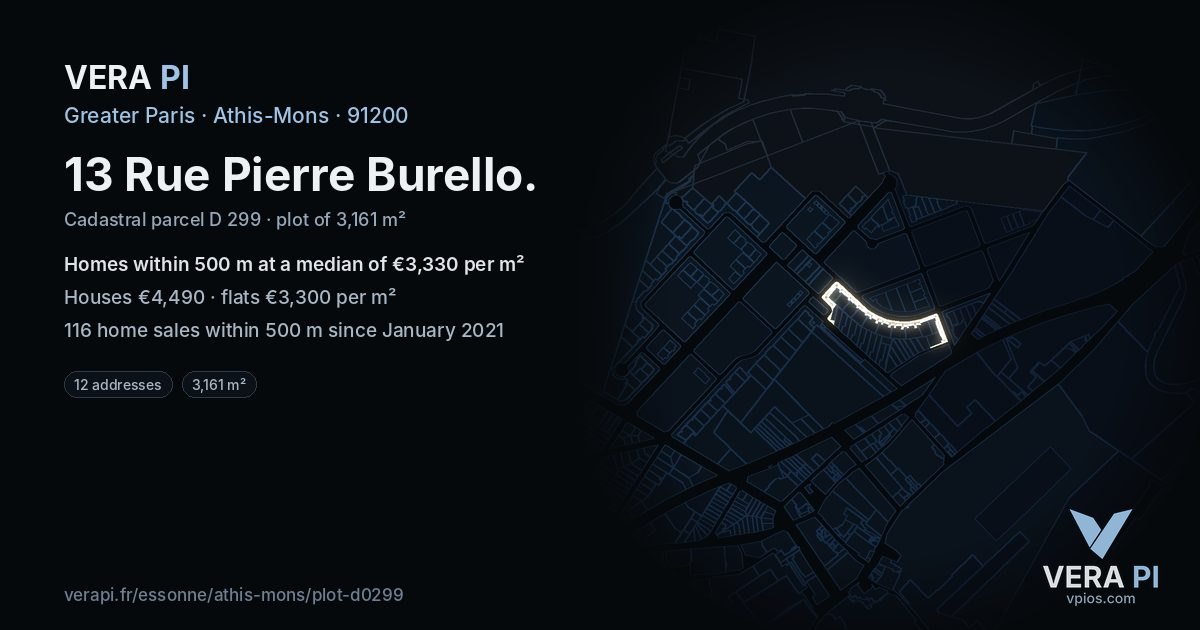 13 Rue Pierre Burello, Athis-Mons at night – the plot lit, the parcels around coloured by the prices near them