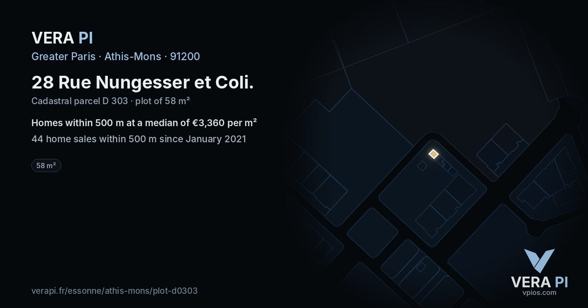 28 Rue Nungesser et Coli, Athis-Mons at night – the plot lit, the parcels around coloured by the prices near them