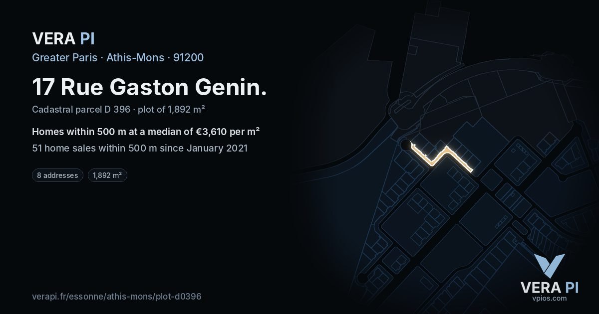 17 Rue Gaston Genin, Athis-Mons at night – the plot lit, the parcels around coloured by the prices near them