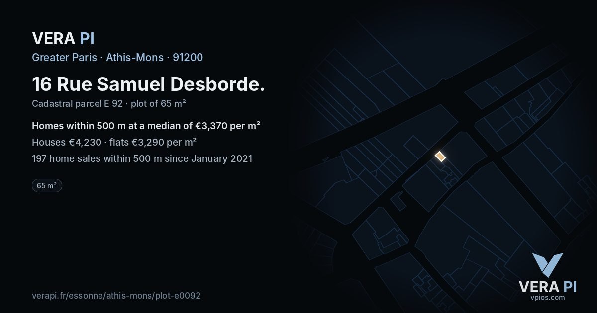 16 Rue Samuel Desborde, Athis-Mons at night – the plot lit, the parcels around coloured by the prices near them