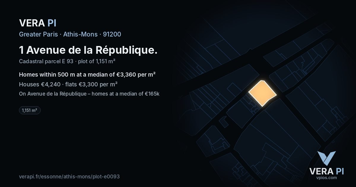 1 Avenue de la République, Athis-Mons at night – the plot lit, the parcels around coloured by the prices near them