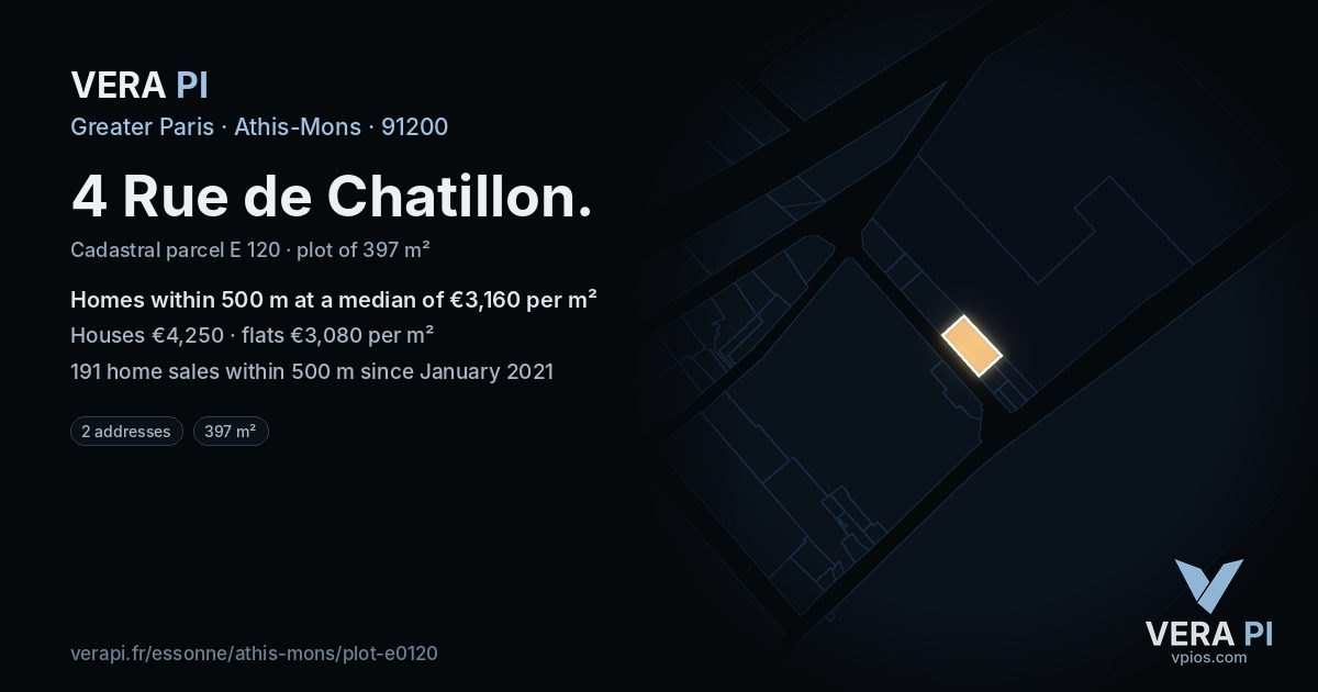 4 Rue de Chatillon, Athis-Mons at night – the plot lit, the parcels around coloured by the prices near them