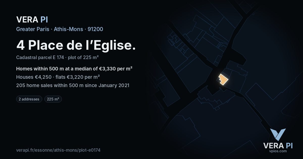 4 Place de l’Eglise, Athis-Mons at night – the plot lit, the parcels around coloured by the prices near them