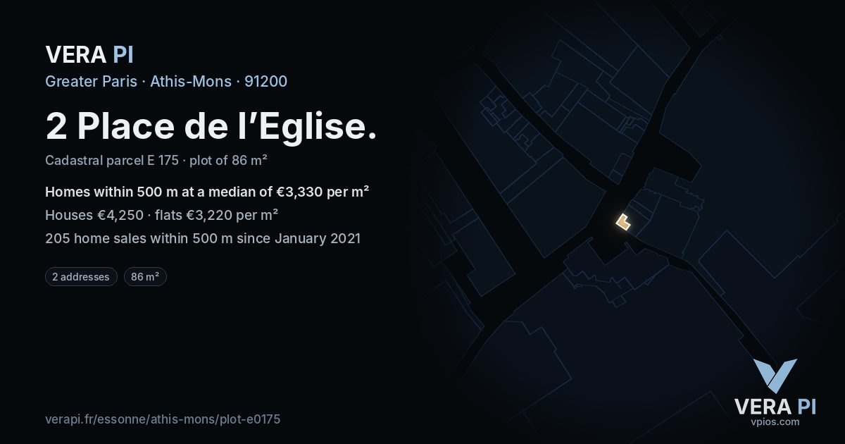 2 Place de l’Eglise, Athis-Mons at night – the plot lit, the parcels around coloured by the prices near them