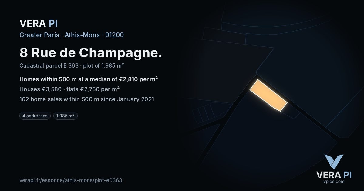 8 Rue de Champagne, Athis-Mons at night – the plot lit, the parcels around coloured by the prices near them