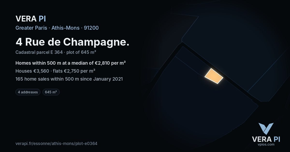 4 Rue de Champagne, Athis-Mons at night – the plot lit, the parcels around coloured by the prices near them