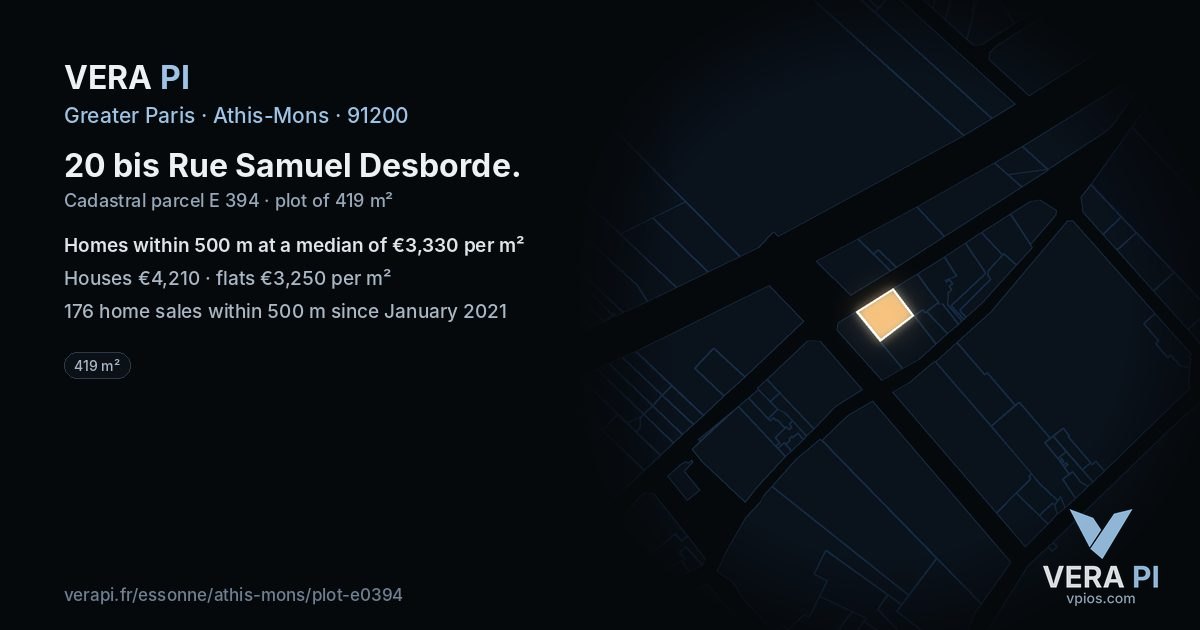 20 bis Rue Samuel Desborde, Athis-Mons at night – the plot lit, the parcels around coloured by the prices near them