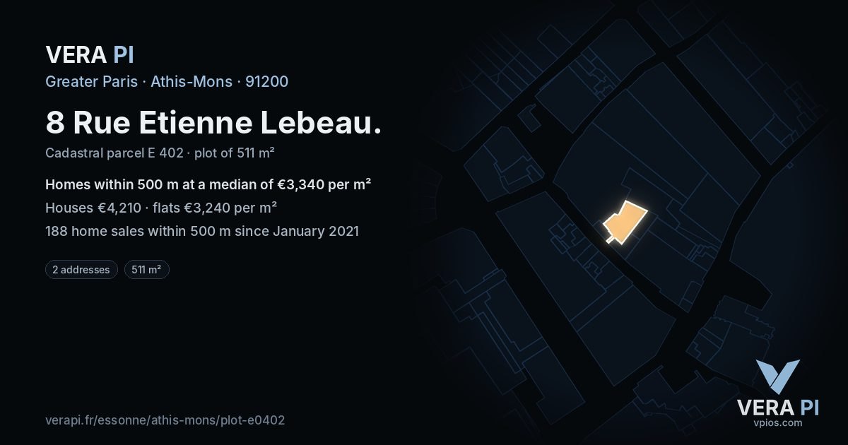 8 Rue Etienne Lebeau, Athis-Mons at night – the plot lit, the parcels around coloured by the prices near them