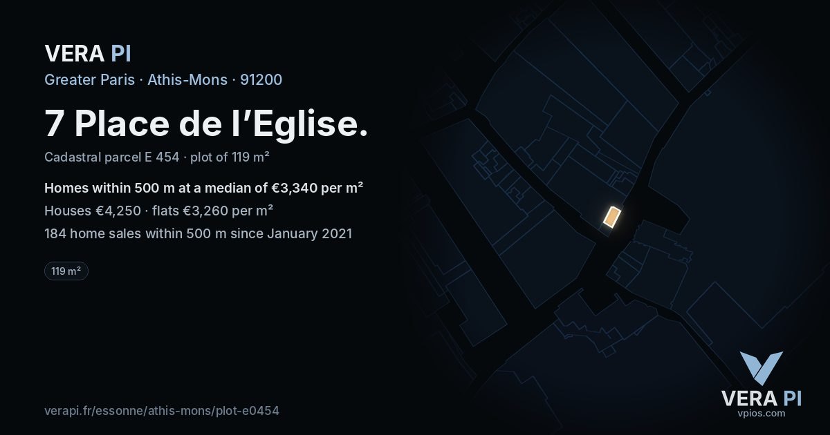 7 Place de l’Eglise, Athis-Mons at night – the plot lit, the parcels around coloured by the prices near them