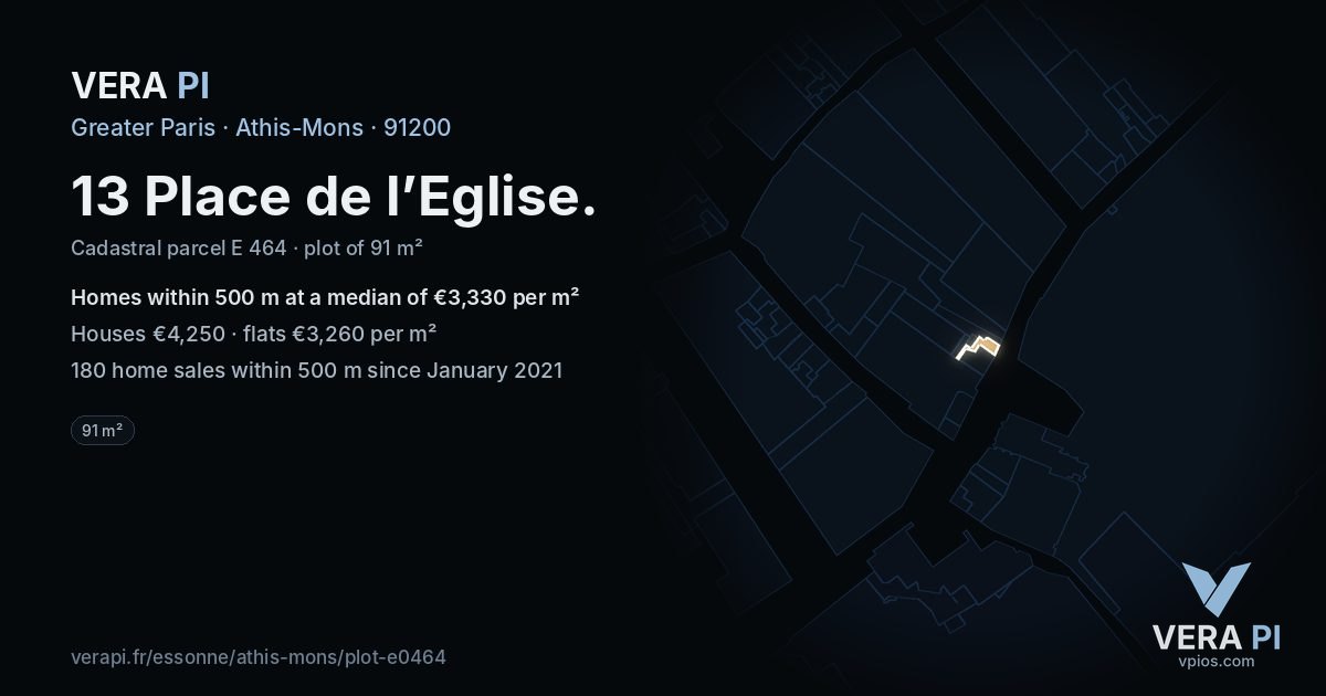 13 Place de l’Eglise, Athis-Mons at night – the plot lit, the parcels around coloured by the prices near them