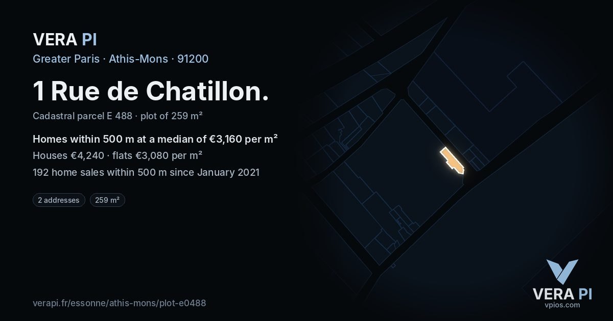 1 Rue de Chatillon, Athis-Mons at night – the plot lit, the parcels around coloured by the prices near them
