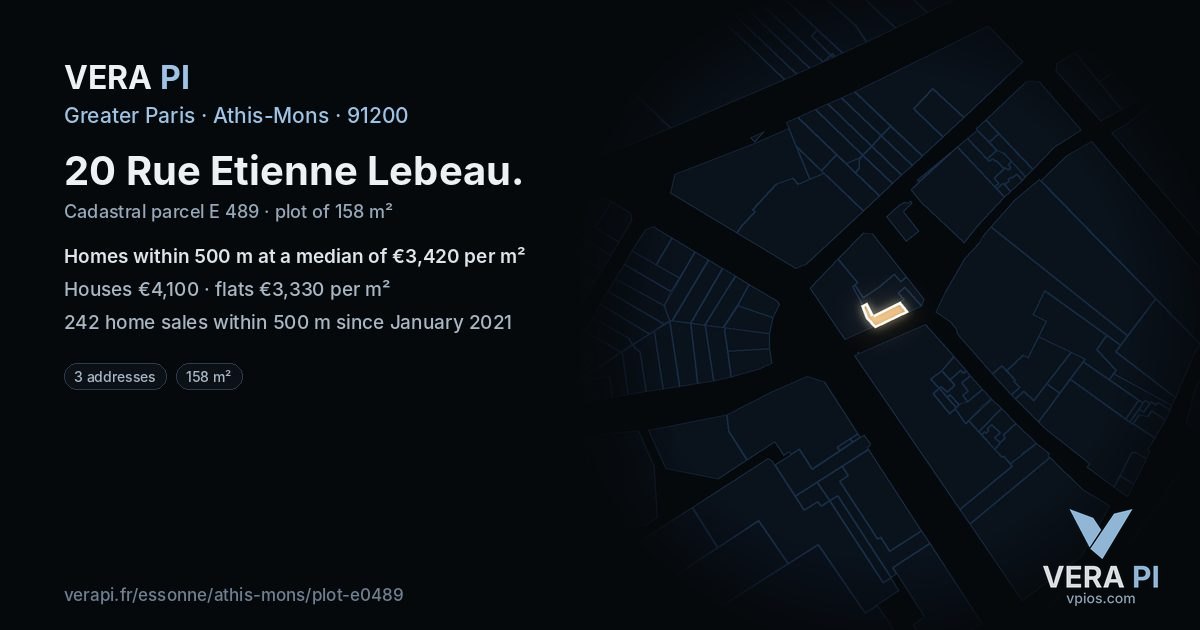 20 Rue Etienne Lebeau, Athis-Mons at night – the plot lit, the parcels around coloured by the prices near them