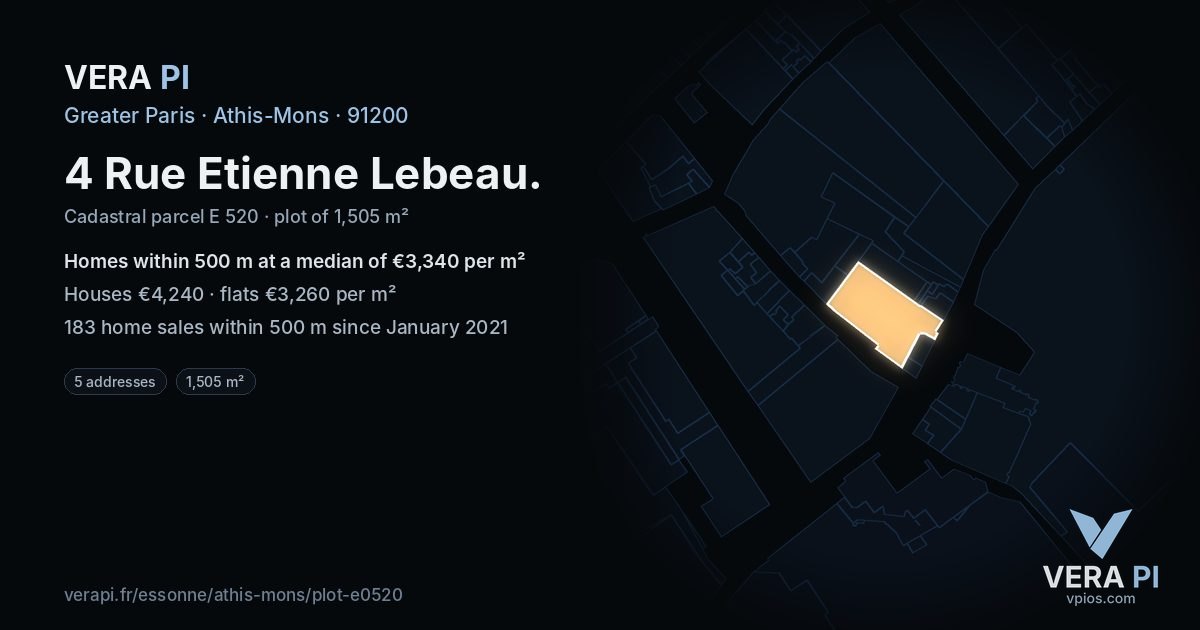 4 Rue Etienne Lebeau, Athis-Mons at night – the plot lit, the parcels around coloured by the prices near them