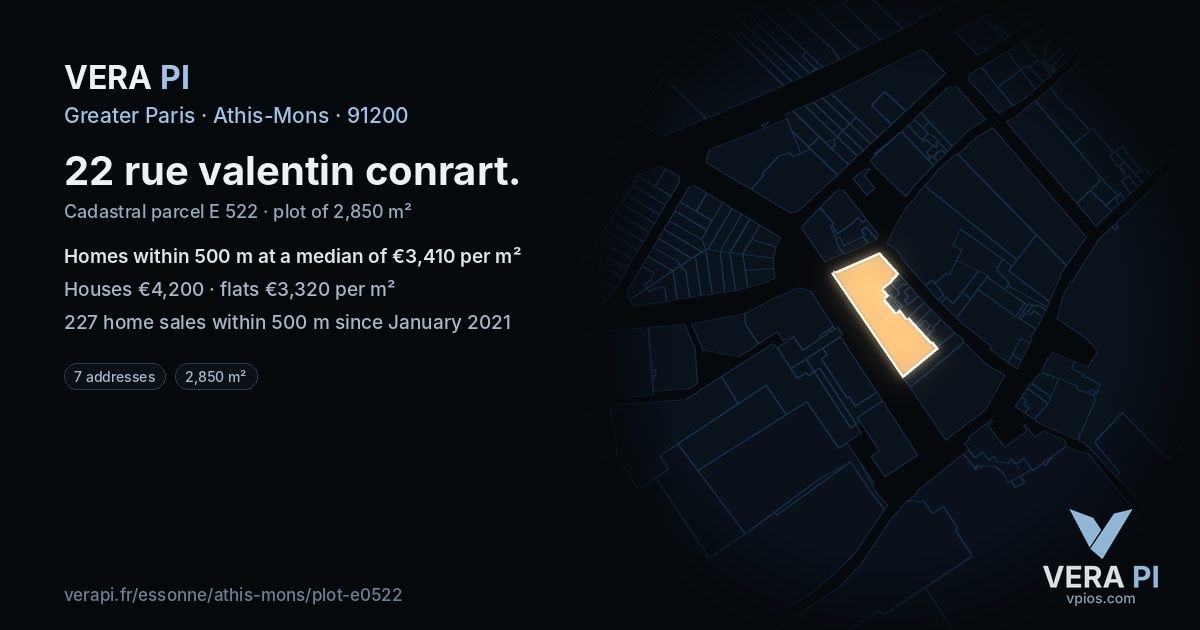 22 rue valentin conrart, Athis-Mons at night – the plot lit, the parcels around coloured by the prices near them