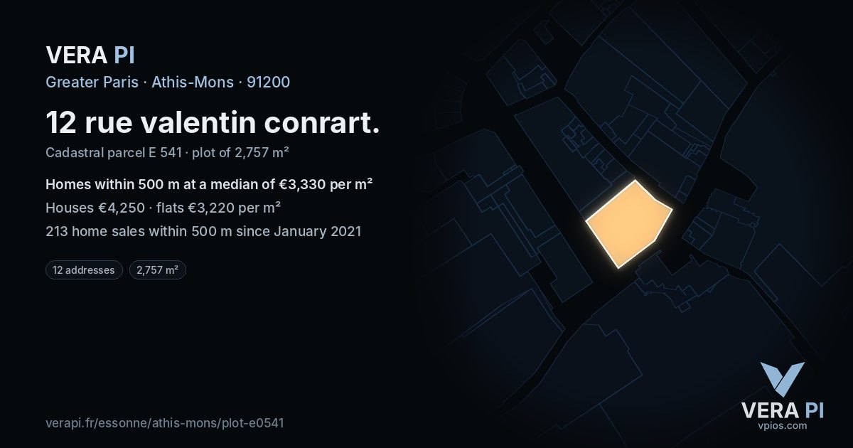 12 rue valentin conrart, Athis-Mons at night – the plot lit, the parcels around coloured by the prices near them