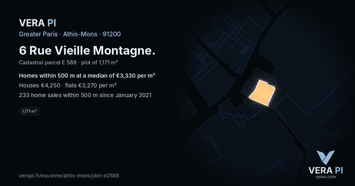6 Rue Vieille Montagne, Athis-Mons at night – the plot lit, the parcels around coloured by the prices near them