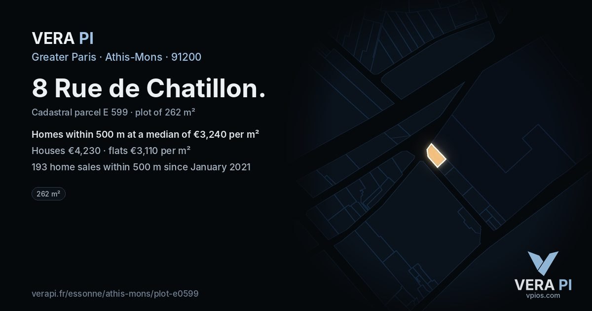 8 Rue de Chatillon, Athis-Mons at night – the plot lit, the parcels around coloured by the prices near them