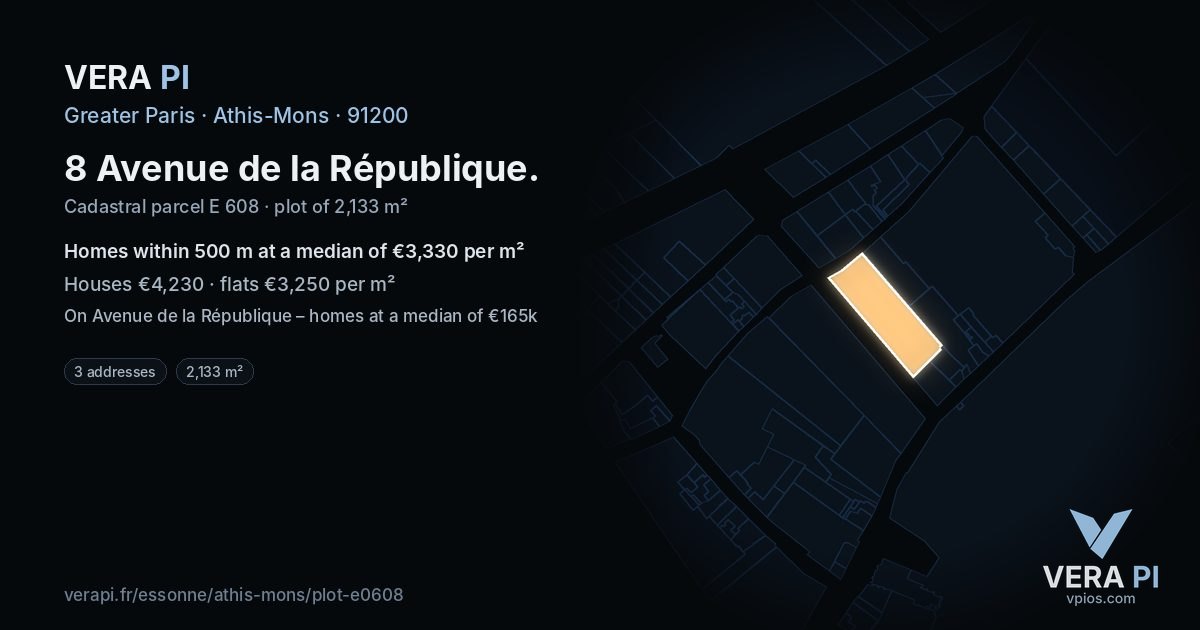 8 Avenue de la République, Athis-Mons at night – the plot lit, the parcels around coloured by the prices near them