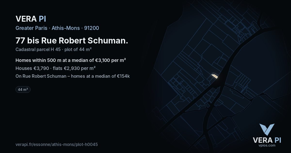 77 bis Rue Robert Schuman, Athis-Mons at night – the plot lit, the parcels around coloured by the prices near them