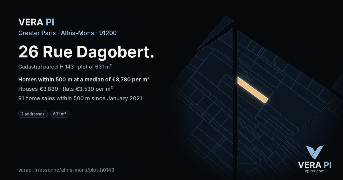 26 Rue Dagobert, Athis-Mons at night – the plot lit, the parcels around coloured by the prices near them
