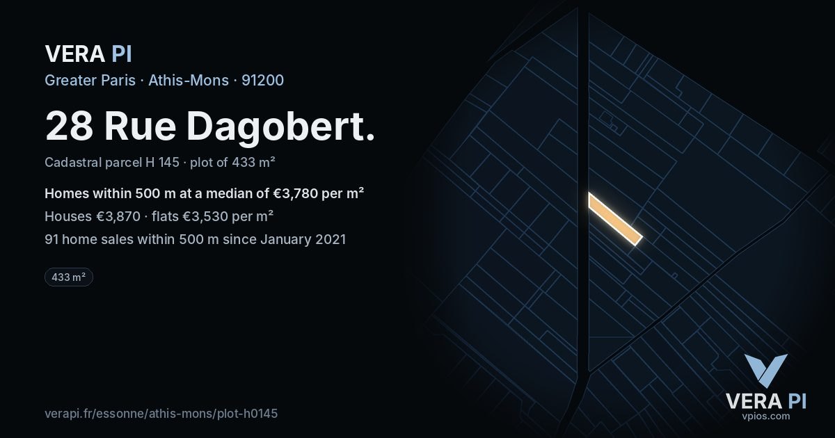 28 Rue Dagobert, Athis-Mons at night – the plot lit, the parcels around coloured by the prices near them