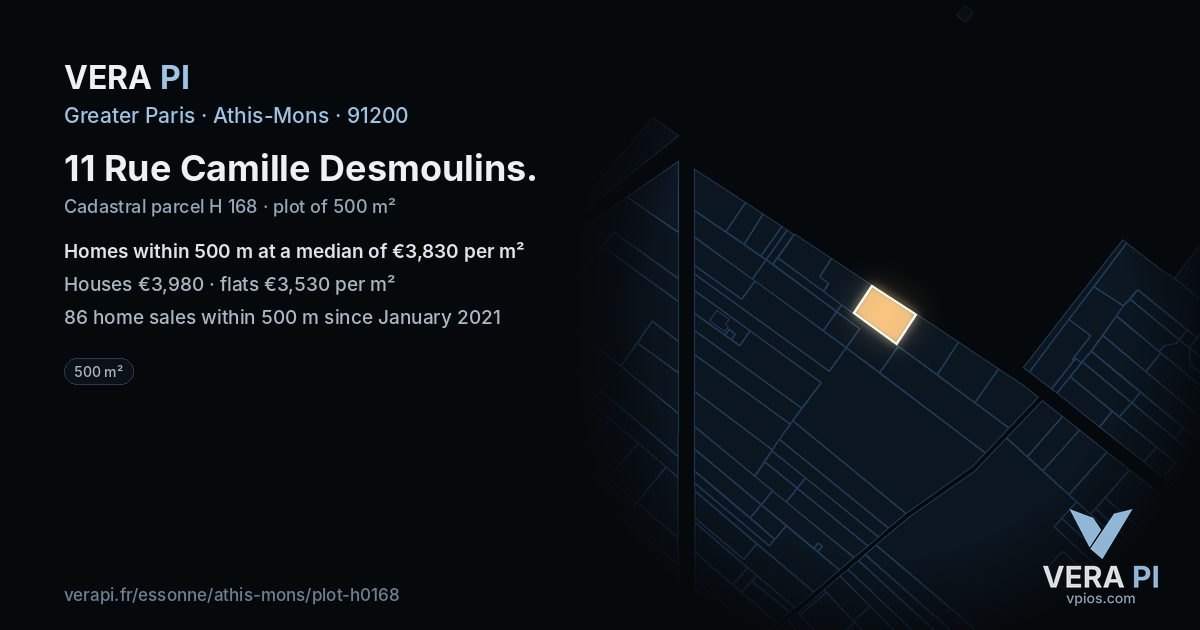 11 Rue Camille Desmoulins, Athis-Mons at night – the plot lit, the parcels around coloured by the prices near them