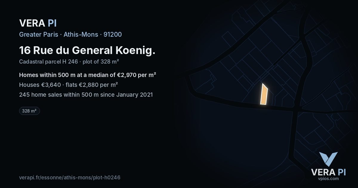 16 Rue du General Koenig, Athis-Mons at night – the plot lit, the parcels around coloured by the prices near them