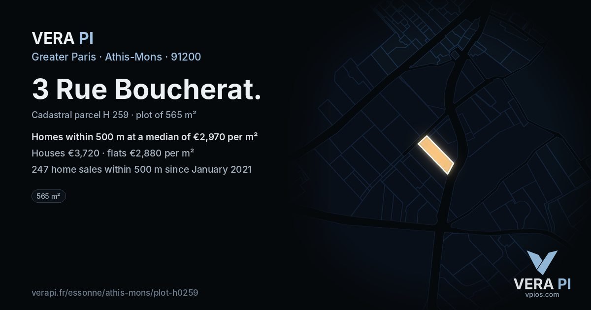 3 Rue Boucherat, Athis-Mons at night – the plot lit, the parcels around coloured by the prices near them