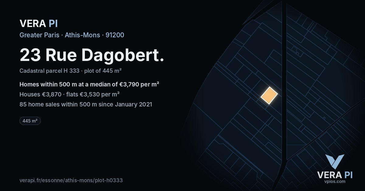 23 Rue Dagobert, Athis-Mons at night – the plot lit, the parcels around coloured by the prices near them