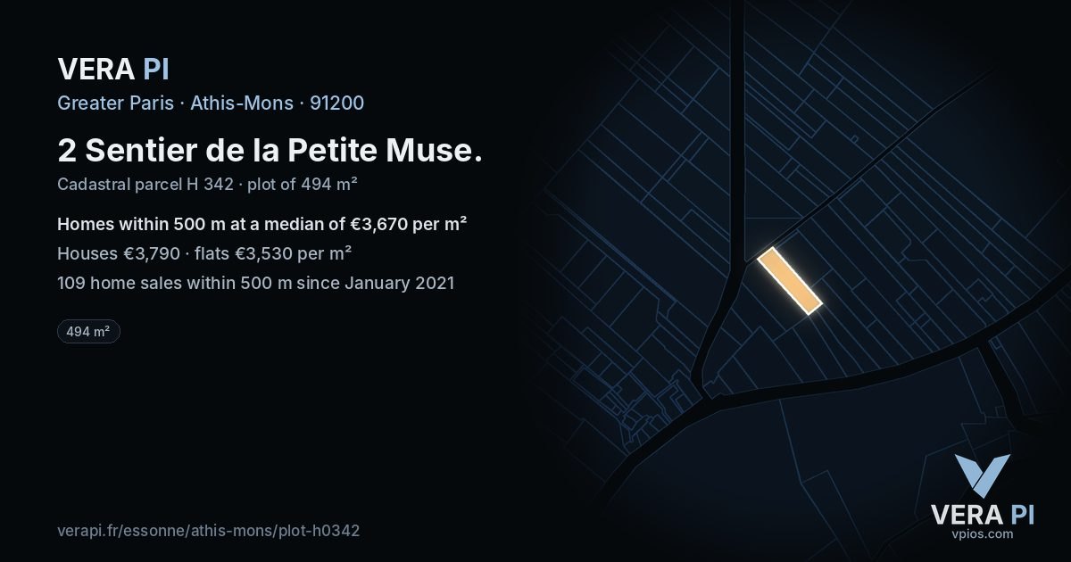 2 Sentier de la Petite Muse, Athis-Mons at night – the plot lit, the parcels around coloured by the prices near them