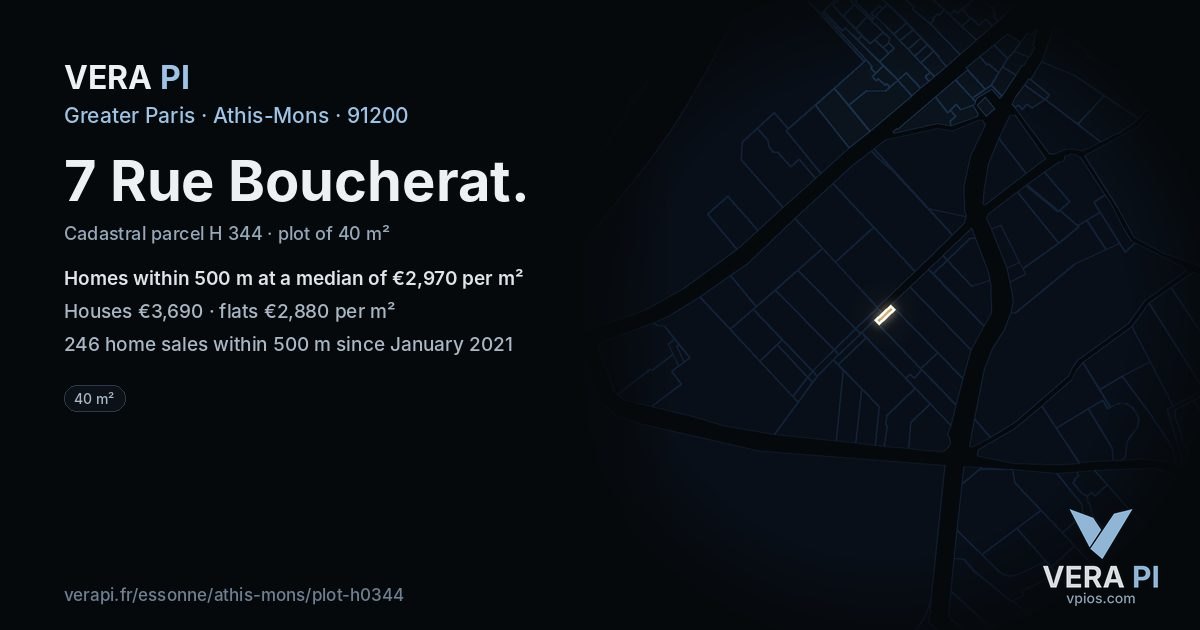 7 Rue Boucherat, Athis-Mons at night – the plot lit, the parcels around coloured by the prices near them