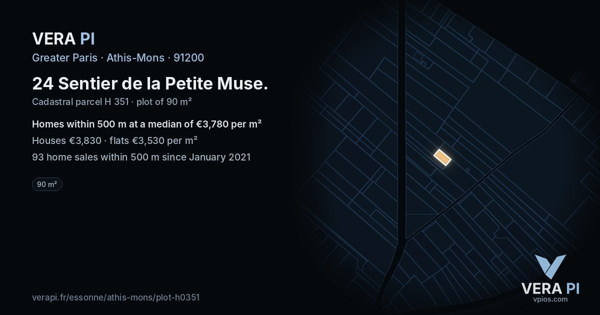 24 Sentier de la Petite Muse, Athis-Mons at night – the plot lit, the parcels around coloured by the prices near them