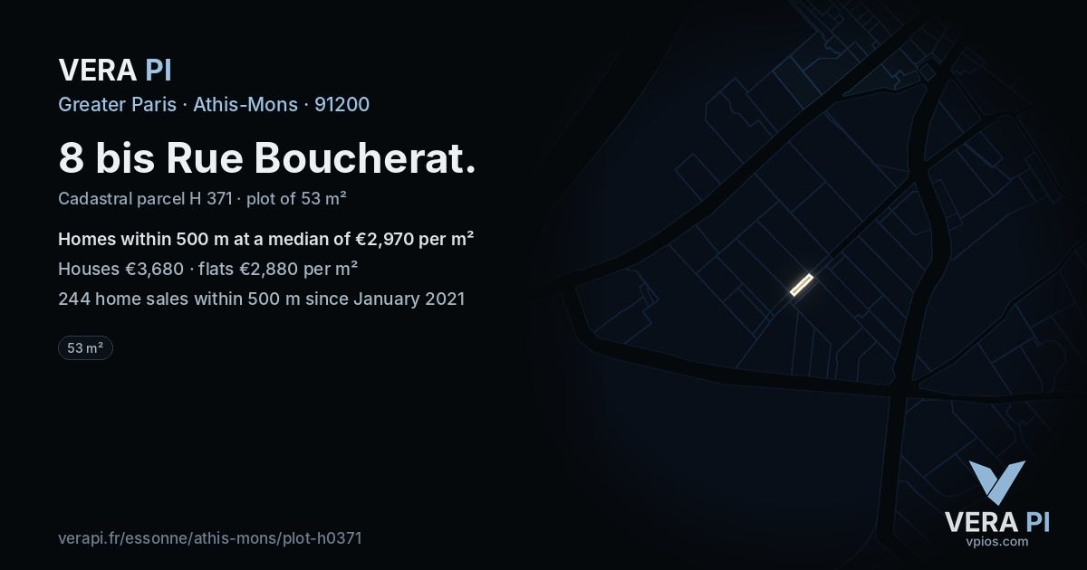 8 bis Rue Boucherat, Athis-Mons at night – the plot lit, the parcels around coloured by the prices near them