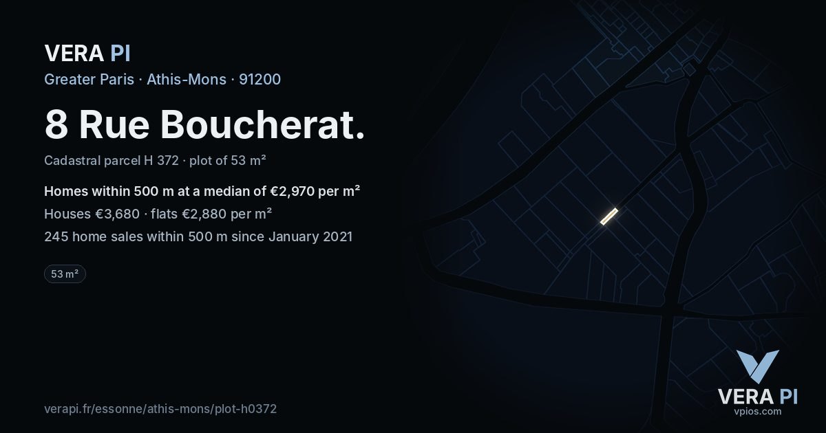8 Rue Boucherat, Athis-Mons at night – the plot lit, the parcels around coloured by the prices near them