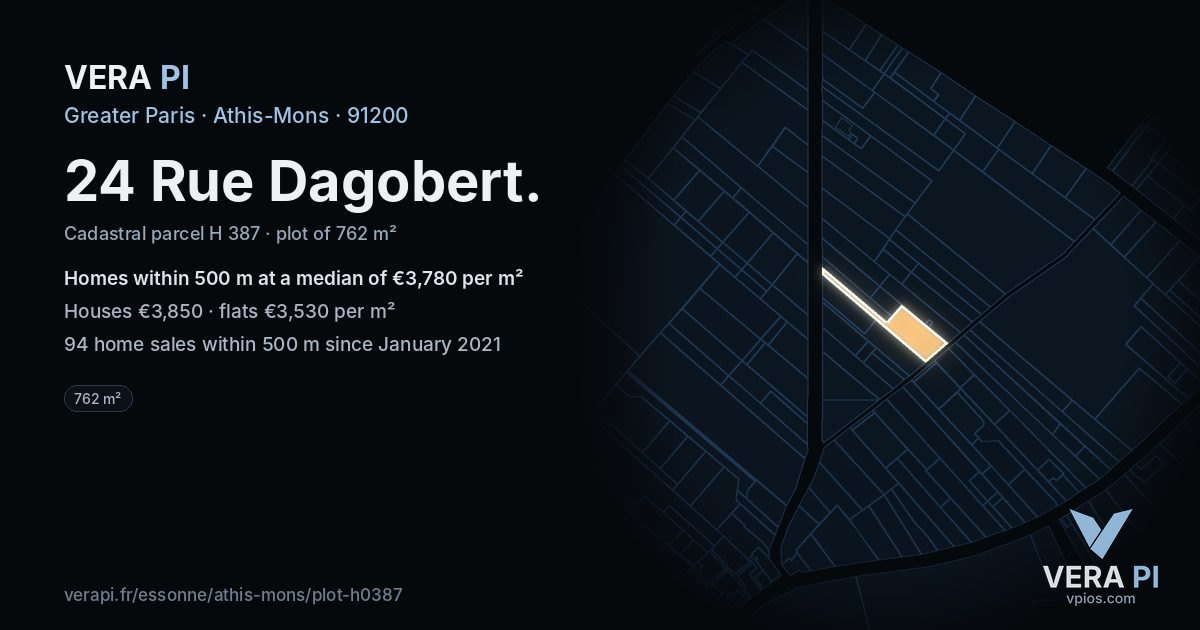 24 Rue Dagobert, Athis-Mons at night – the plot lit, the parcels around coloured by the prices near them