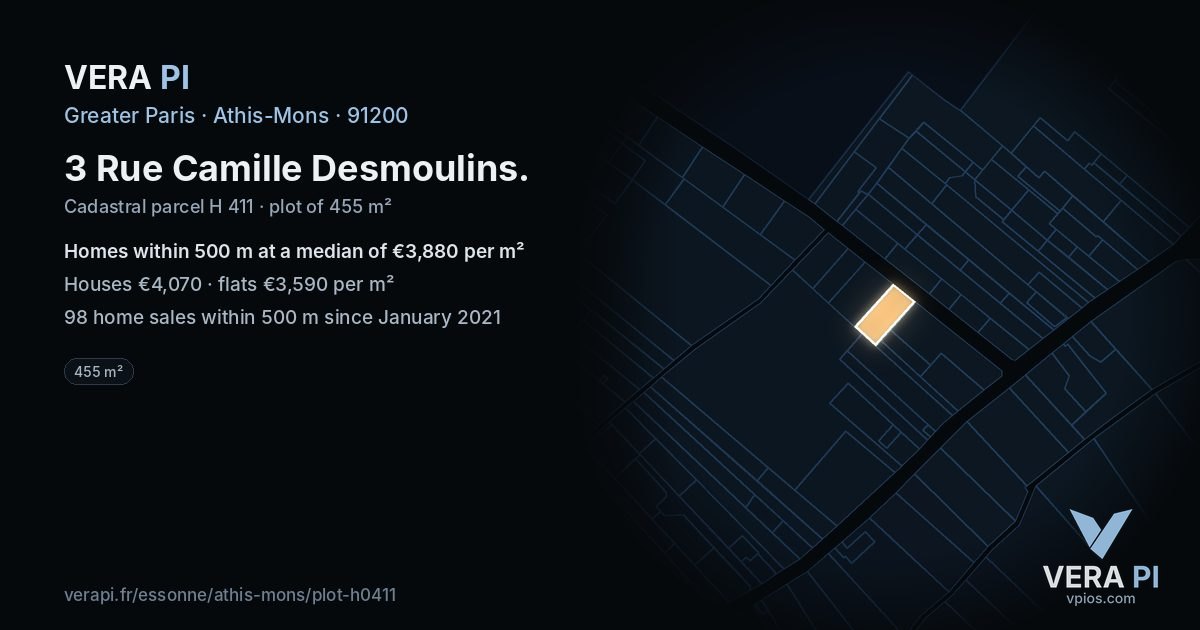 3 Rue Camille Desmoulins, Athis-Mons at night – the plot lit, the parcels around coloured by the prices near them