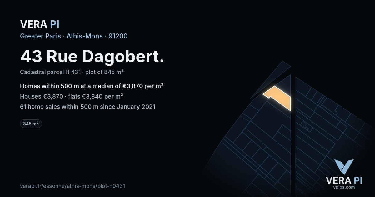 43 Rue Dagobert, Athis-Mons at night – the plot lit, the parcels around coloured by the prices near them