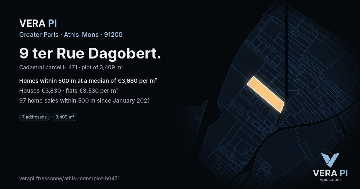 9 ter Rue Dagobert, Athis-Mons at night – the plot lit, the parcels around coloured by the prices near them