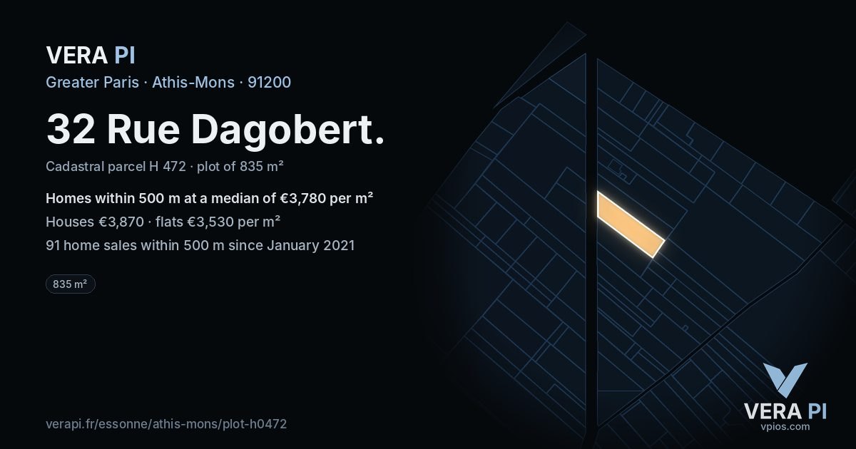 32 Rue Dagobert, Athis-Mons at night – the plot lit, the parcels around coloured by the prices near them