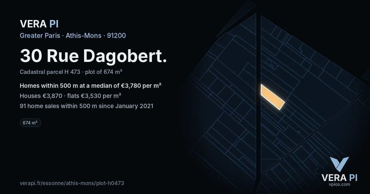 30 Rue Dagobert, Athis-Mons at night – the plot lit, the parcels around coloured by the prices near them