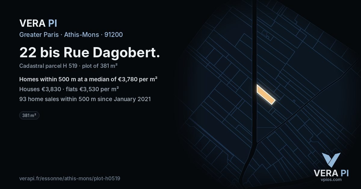 22 bis Rue Dagobert, Athis-Mons at night – the plot lit, the parcels around coloured by the prices near them