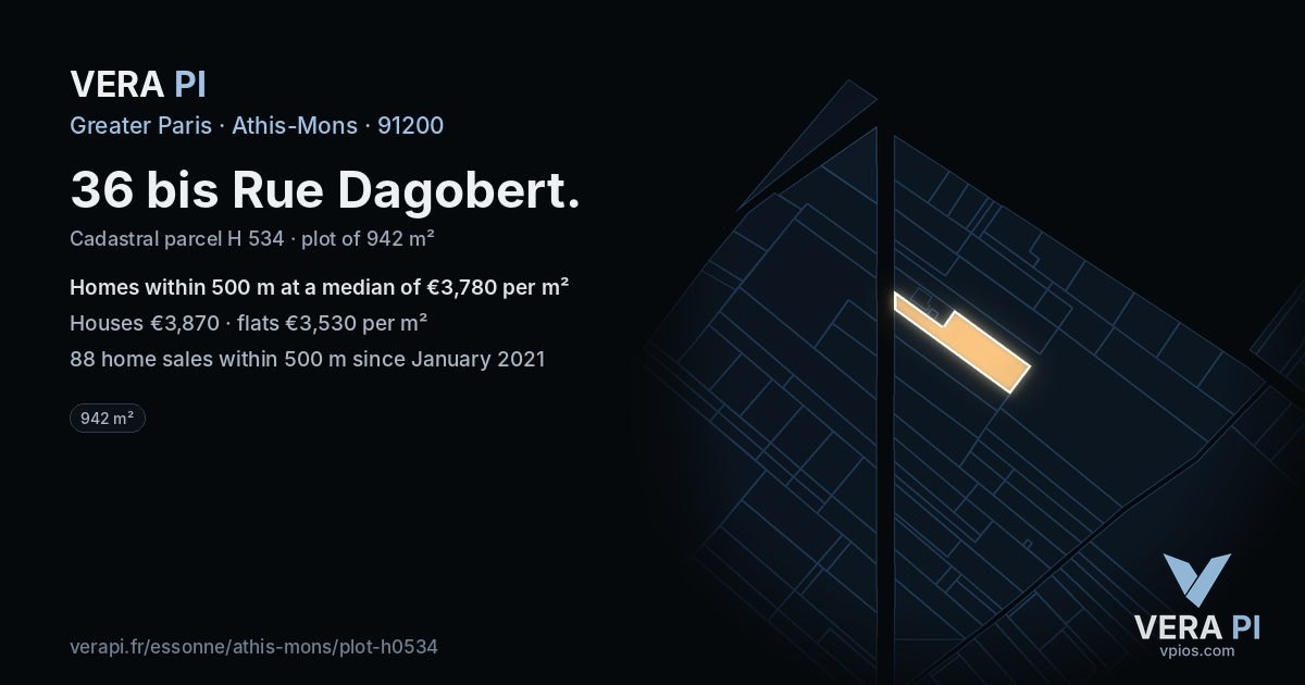 36 bis Rue Dagobert, Athis-Mons at night – the plot lit, the parcels around coloured by the prices near them