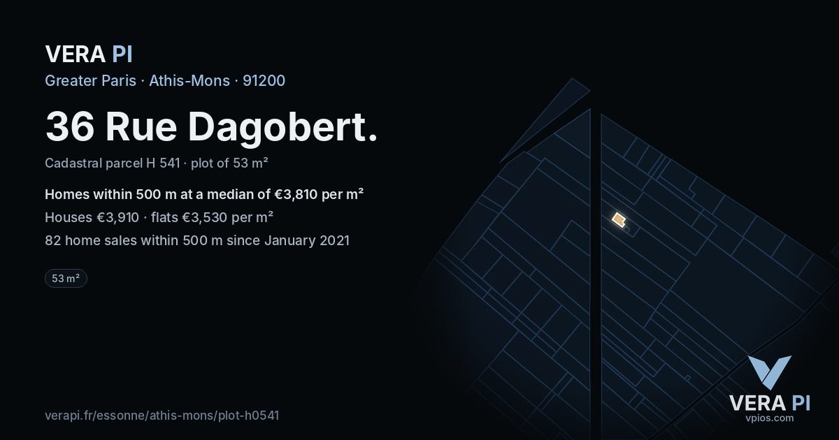 36 Rue Dagobert, Athis-Mons at night – the plot lit, the parcels around coloured by the prices near them