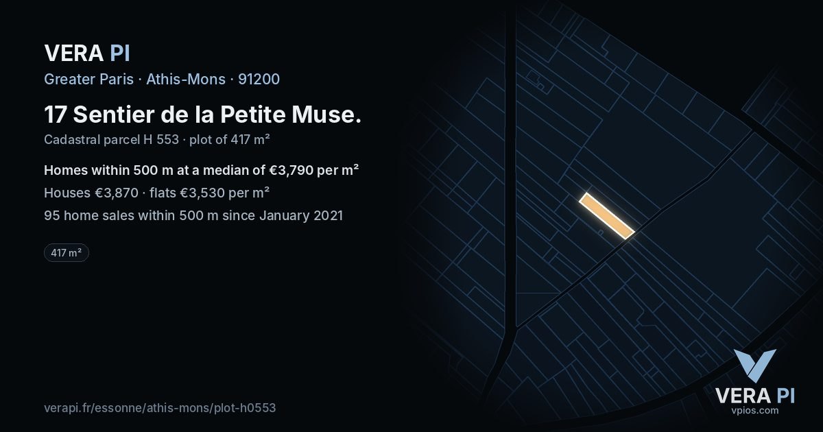 17 Sentier de la Petite Muse, Athis-Mons at night – the plot lit, the parcels around coloured by the prices near them