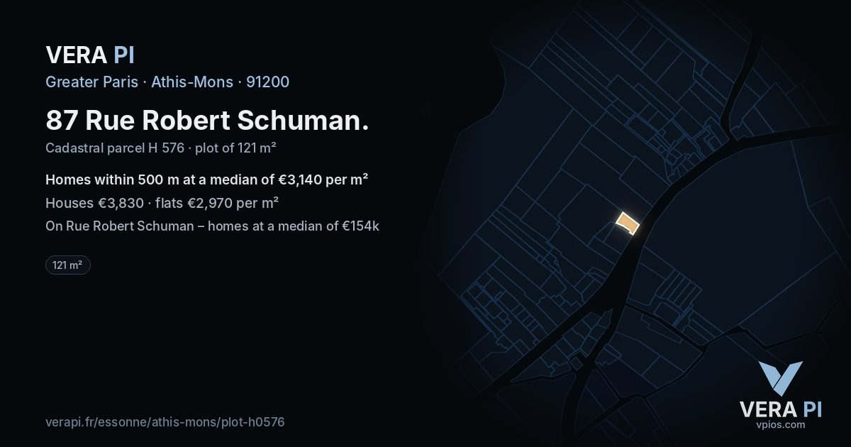 87 Rue Robert Schuman, Athis-Mons at night – the plot lit, the parcels around coloured by the prices near them